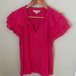 Nanette Lepore Fuchsia Ruffle Sleeve V-Neck Blouse
